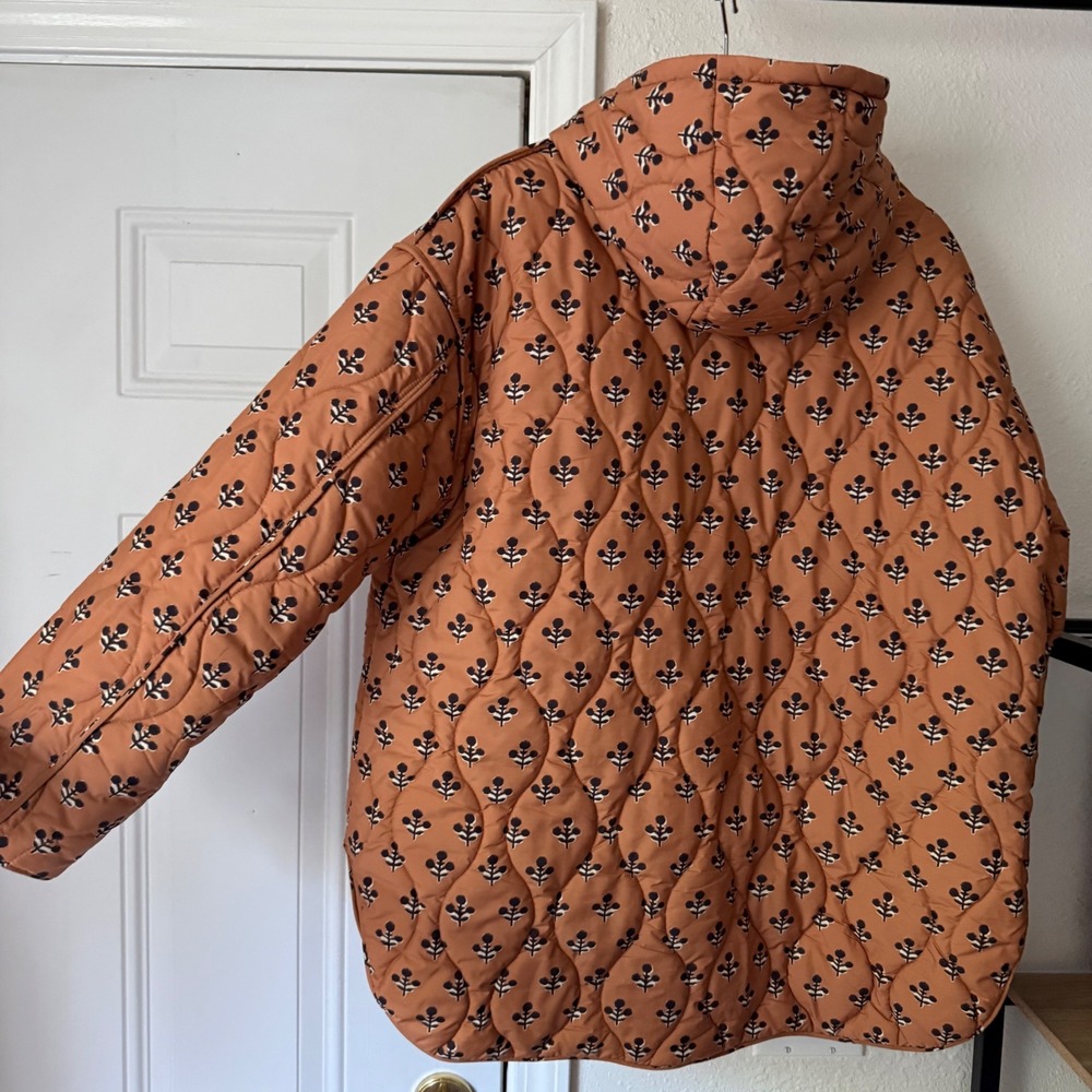 MAREA rust orange floral quilted puffer full zip up hooded lightweight coat - Picture 5 of 8